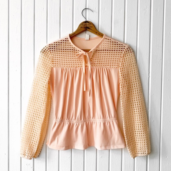Vintage Tops - Vintage 70s Peach Crochet Peasant Style Top F1881